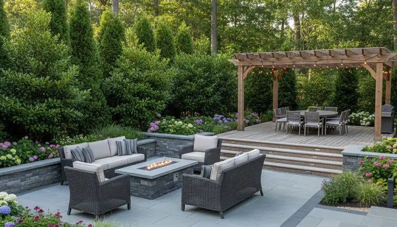 Backyard patio landscaping with lighting and plant beds by Chop Chop Landscaping in Easton, PA