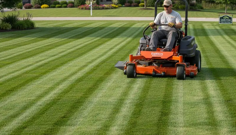Commercial mower creating clean striped lawn patterns during professional mowing in Easton, PA