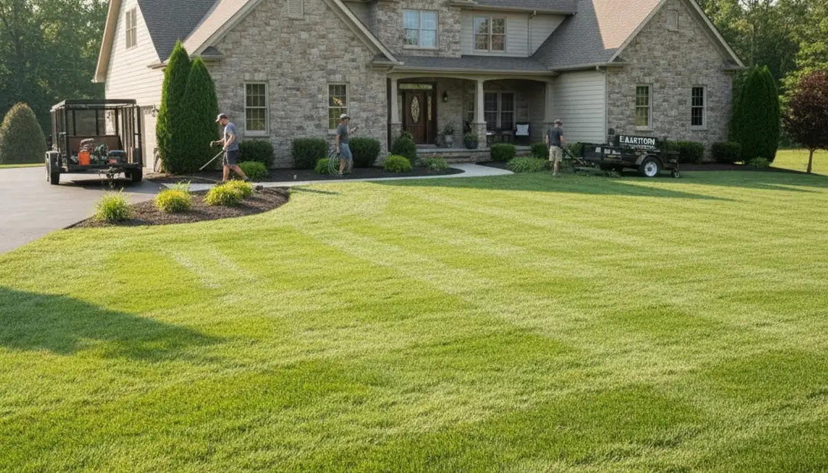 Freshly mowed lawn and trimmed edges showing full property results by Chop Chop Landscaping in Easton, PA