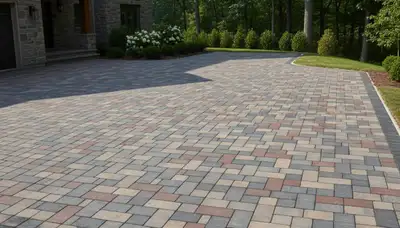 Interlocking paver driveway with geometric design by Chop Chop Landscaping in Easton, PA