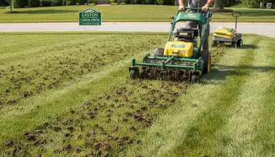 Core aeration on residential lawn in Easton, PA by Chop Chop Landscaping improving soil and grass health