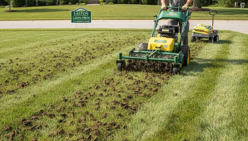 Core aeration on residential lawn in Easton, PA by Chop Chop Landscaping improving soil and grass health