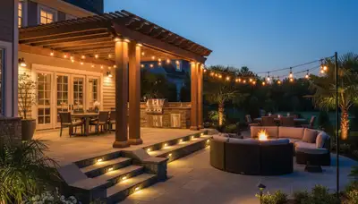 Deck and patio landscape lighting installation in Easton, PA with post cap and step lights for outdoor ambiance