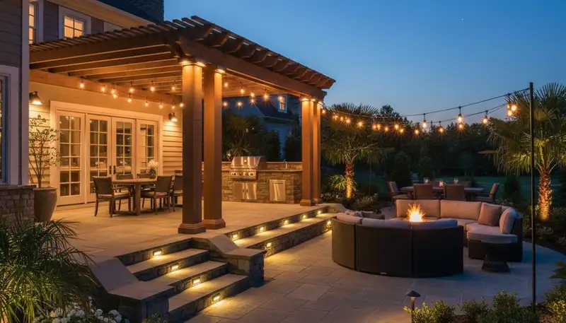 Deck and patio landscape lighting installation in Easton, PA with post cap and step lights for outdoor ambiance