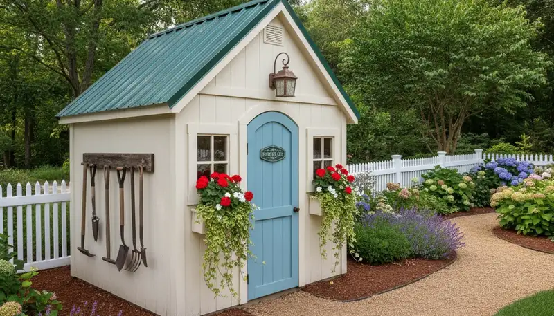 Decorative garden shed installation with landscaped yard design by Chop Chop Landscaping in Easton, PA
