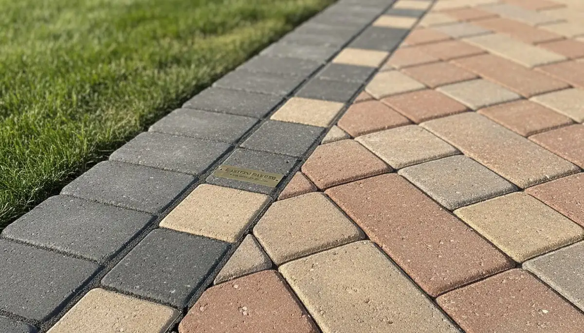 Close-up of decorative driveway paver border with soldier course design by landscapers in Easton, PA