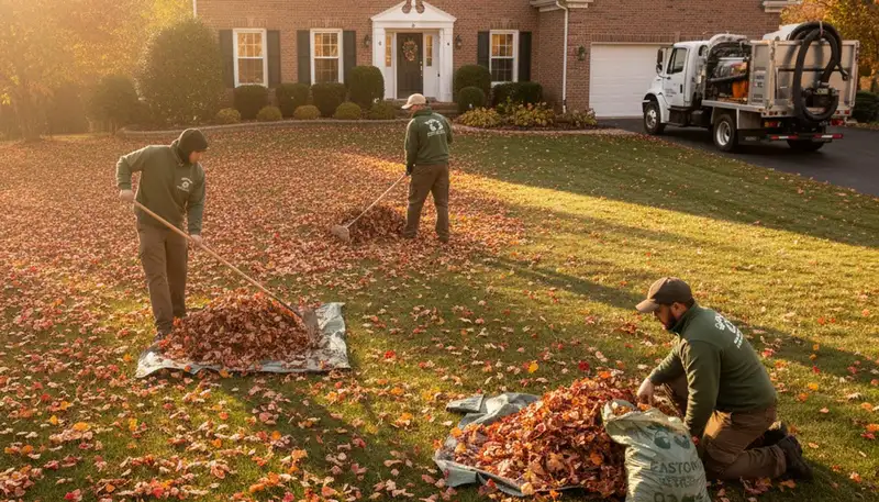 Technicians performing fall leaf removal and yard clean up in Easton, PA residential landscape
