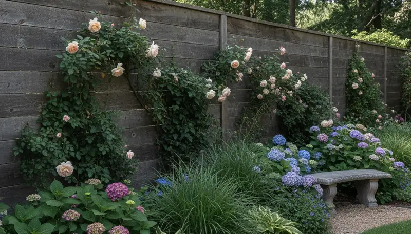 Decorative fence with lush landscape plantings by Chop Chop Landscaping in Easton, PA