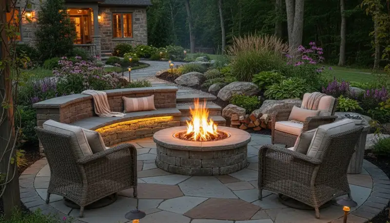 Fire pit patio with circular seating and flagstone design by Easton, PA landscaping experts