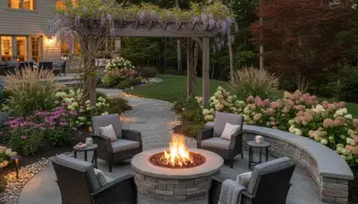 Fire pit patio with circular seating and paver design by landscaping experts in Phillipsburg, NJ