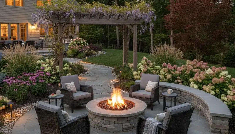 Fire pit patio with circular seating and paver design by landscaping experts in Phillipsburg, NJ