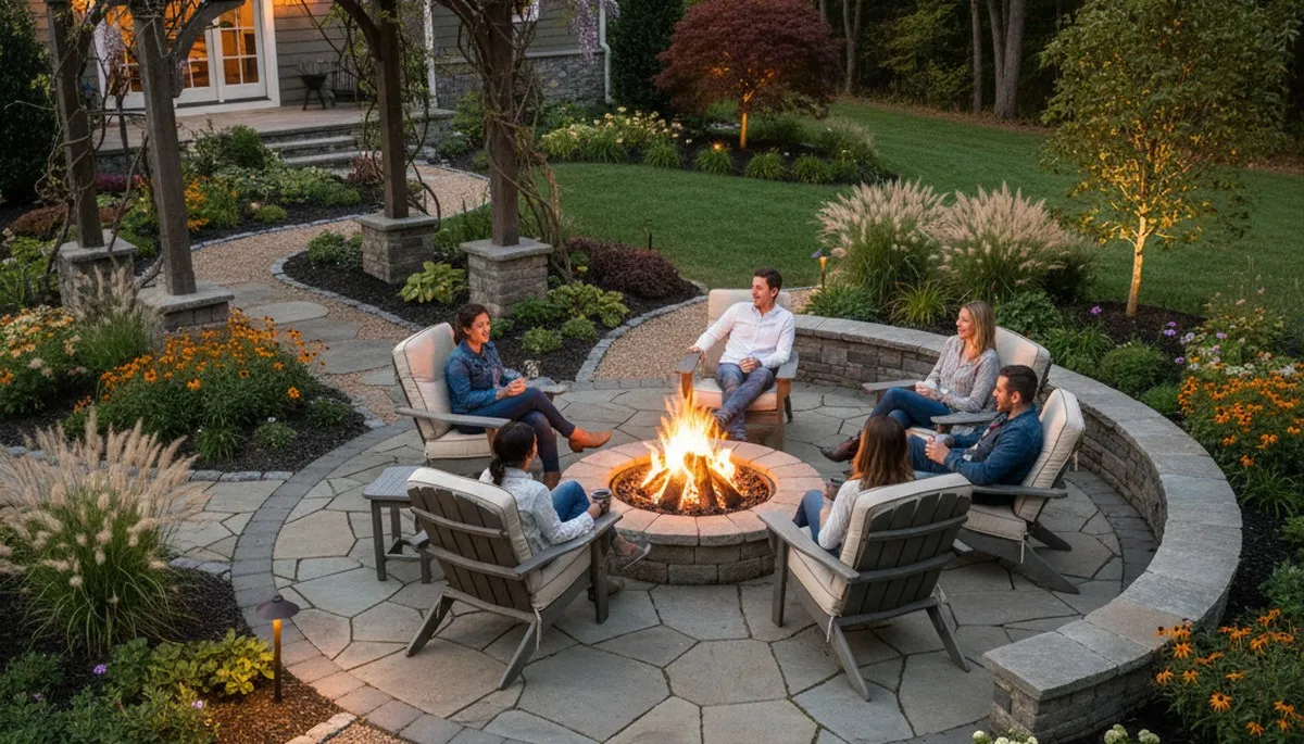 Custom fire pit patio with paver seating area by Easton, PA landscapers serving Stewartsville, NJ homes