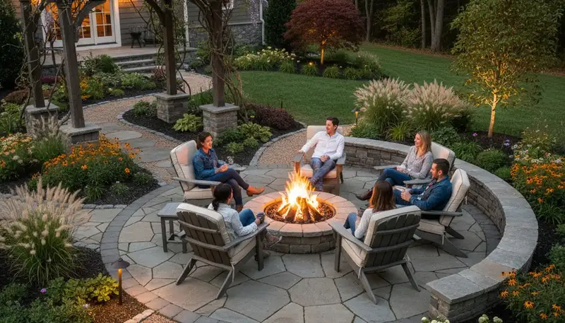 Custom fire pit patio with paver seating area by Easton, PA landscapers serving Stewartsville, NJ homes