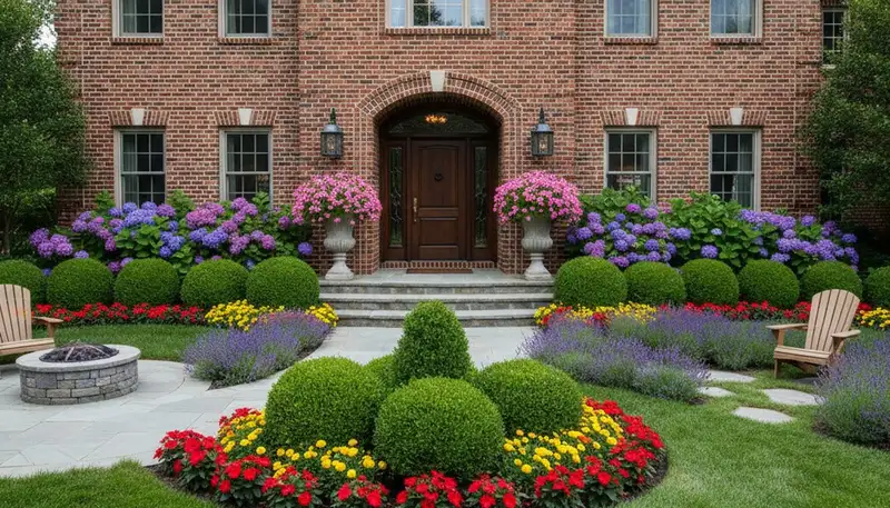 Front yard curb appeal landscaping with colorful plants and shrubs by Chop Chop Landscaping in Easton, PA