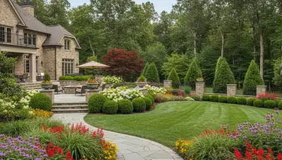 Full property landscape design with hardscape, lawn, and plantings by professionals in Easton, PA