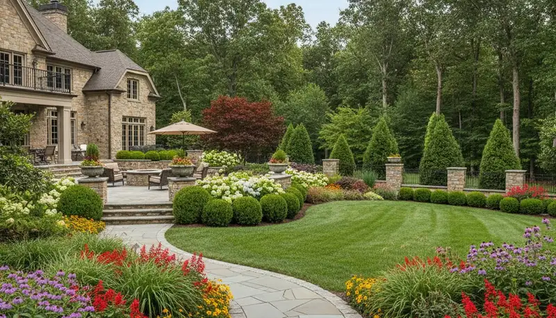 Full property landscape design with hardscape, lawn, and plantings by professionals in Easton, PA