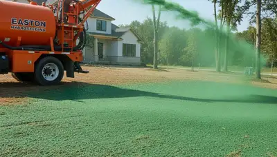 Hydroseeder truck spraying green slurry on new lawn in Easton, PA by Chop Chop Landscaping