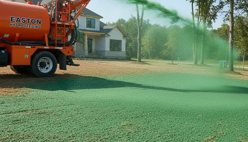 Hydroseeder truck spraying green slurry on new lawn in Easton, PA by Chop Chop Landscaping