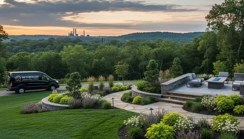 Landscaping crew providing lawn care and outdoor property maintenance in Easton, PA