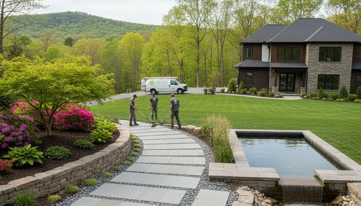 Landscaping crew providing lawn care and yard maintenance in Easton, PA