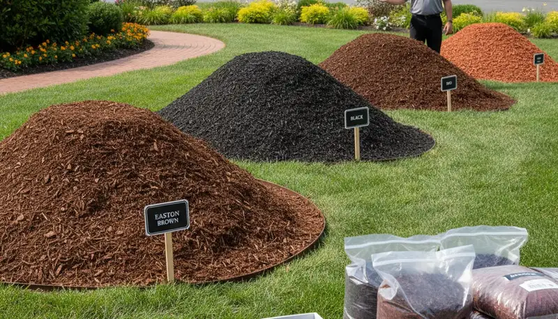 Brown, black, and red mulch selection for landscape design in Easton, PA by Chop Chop Landscaping