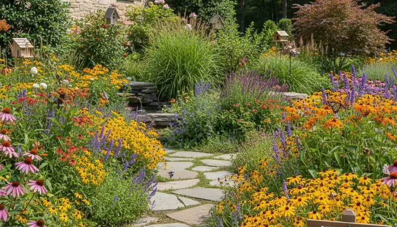 Native pollinator garden with bee-friendly flowers and butterfly plants by organic landscapers in Easton, PA