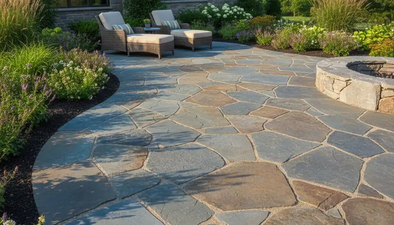 Flagstone patio with natural slate pavers expertly installed by landscapers in Easton, PA