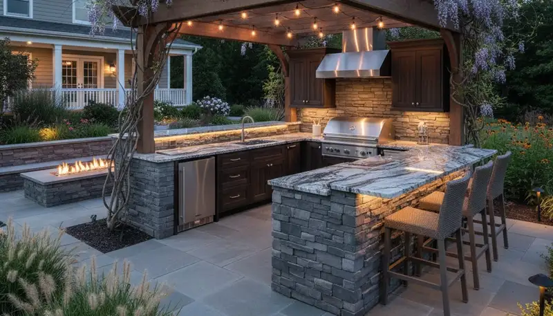Luxury outdoor kitchen with pergola and bar seating designed by Easton, PA landscapers in Bloomsbury, NJ