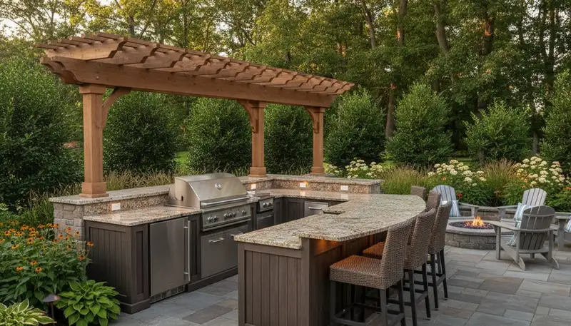 Luxury outdoor kitchen with pergola and native landscaping in Stewartsville, NJ by Easton, PA landscapers