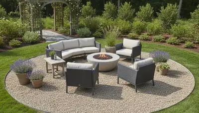 Professional pea gravel patio installation with edging and furniture in Easton, PA landscaping project