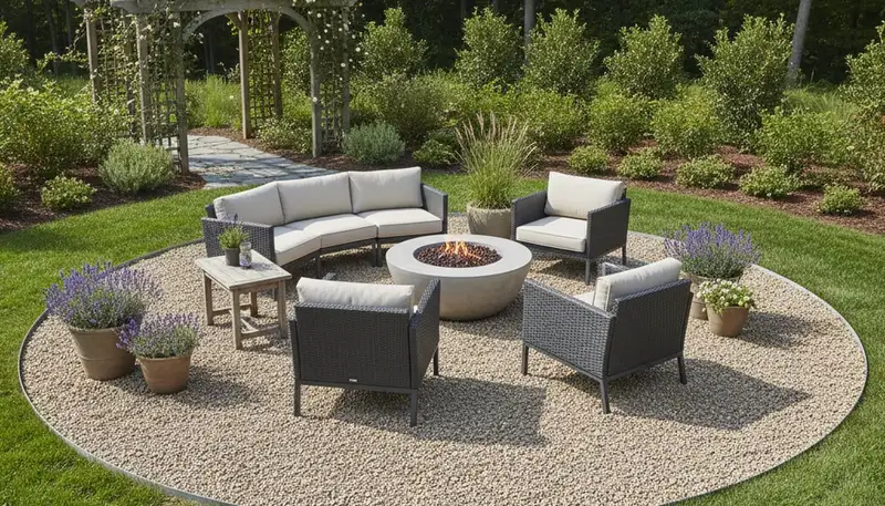 Professional pea gravel patio installation with edging and furniture in Easton, PA landscaping project