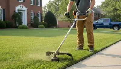 Technician performing precise lawn edging with string trimmer in Easton, PA by Chop Chop Landscaping