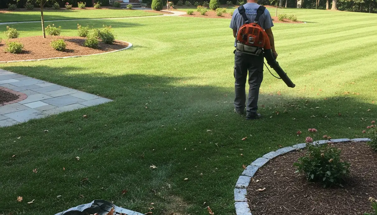 Technician using leaf blower for lawn debris cleanup during professional landscaping in Easton, PA