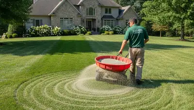 Lawn care technician applying fertilizer with spreader on residential lawn in Easton, PA