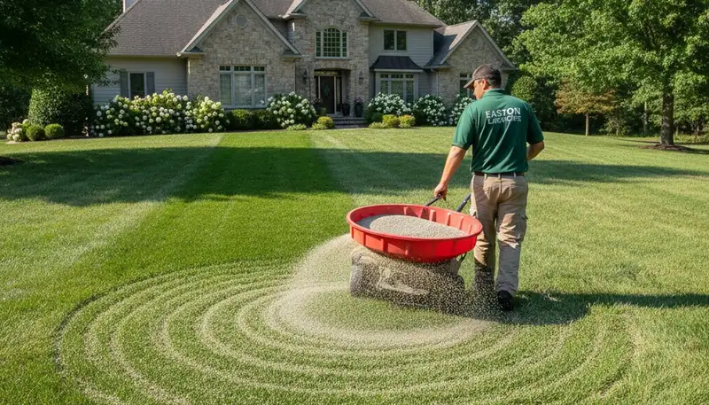 Lawn care technician applying fertilizer with spreader on residential lawn in Easton, PA