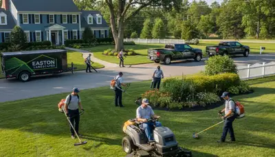 Professional crew mowing and edging residential lawn in Easton, PA for Chop Chop Landscaping