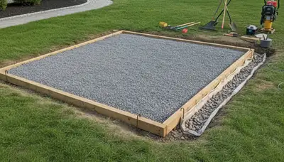 Shed foundation preparation with gravel base and drainage by landscaping pros in Easton, PA