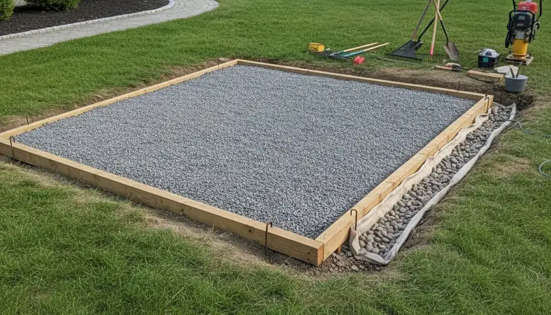 Shed foundation preparation with gravel base and drainage by landscaping pros in Easton, PA