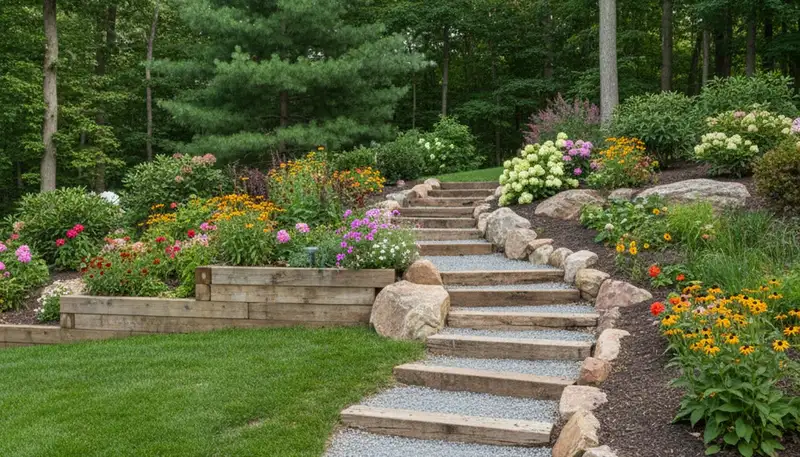 Terraced hillside garden with timber steps and native plantings in Bloomsbury NJ by Easton PA landscapers
