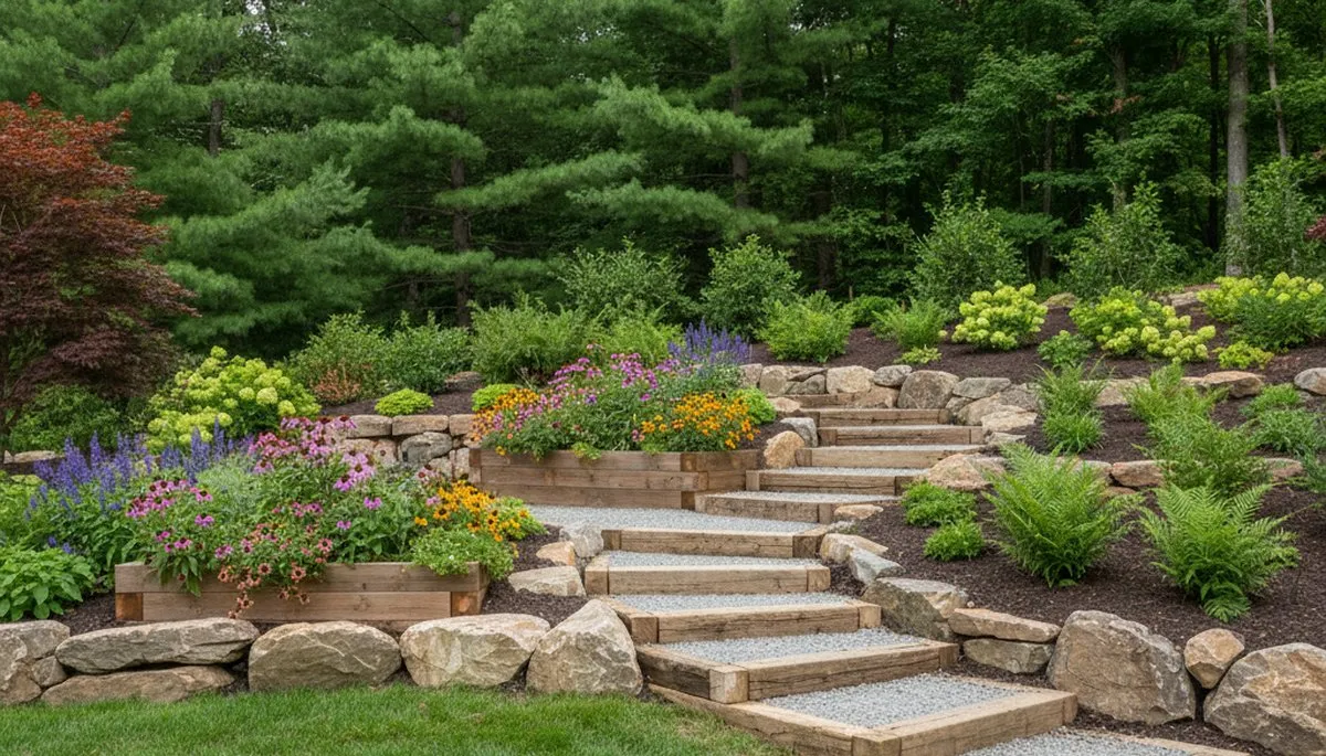 Terraced garden with timber steps and native plants by landscaping experts in Phillipsburg, NJ near Easton, PA