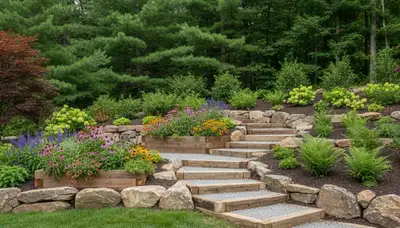 Terraced garden with timber steps and native plants by landscaping experts in Phillipsburg, NJ near Easton, PA