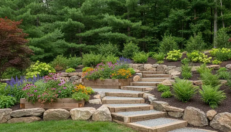 Terraced garden with timber steps and native plants by landscaping experts in Phillipsburg, NJ near Easton, PA