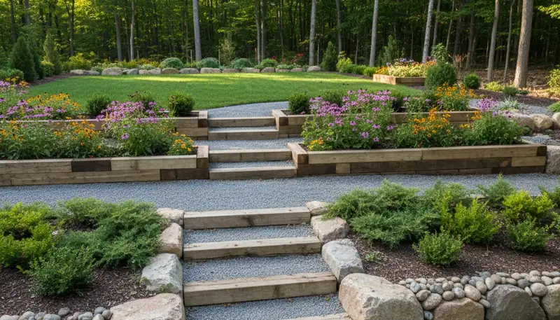 Terraced garden with timber steps and native plants by Easton PA landscapers in Stewartsville NJ yard