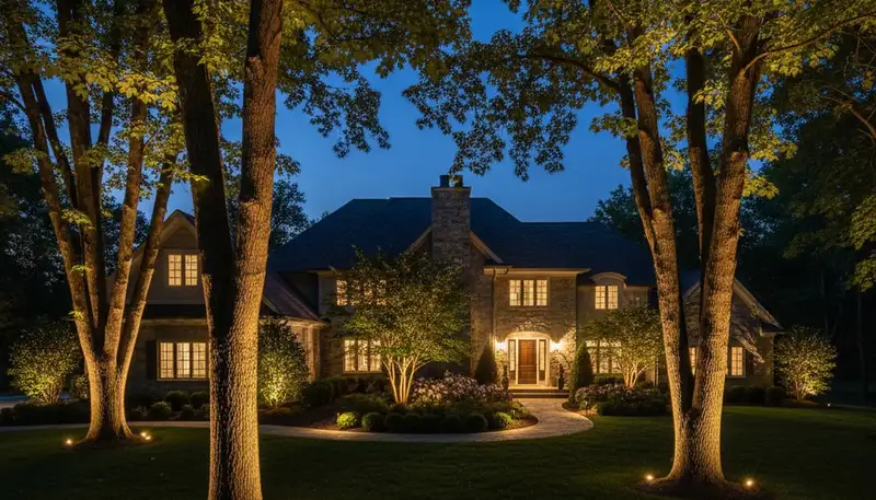 Tree uplighting design by Chop Chop Landscaping highlighting mature trees at night in Easton, PA